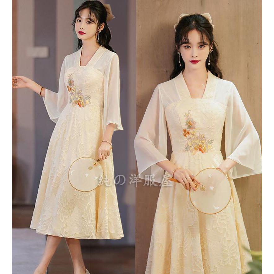 チャイナ風 ワンピース 七分袖 フリル袖 ミモレ丈 チャイナドレス 中華ドレス エスニック 花柄 中華服 ロング ドレス 中国風 古典 発表会 演奏会 ドレス 改良版30%までに制限