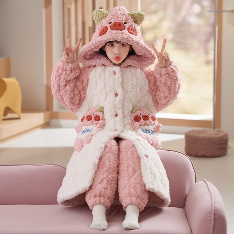 女の子パジャマ秋冬加絨毯厚手子豚子供三重挟み綿サンゴ絨毯保温女の子スリーパー
