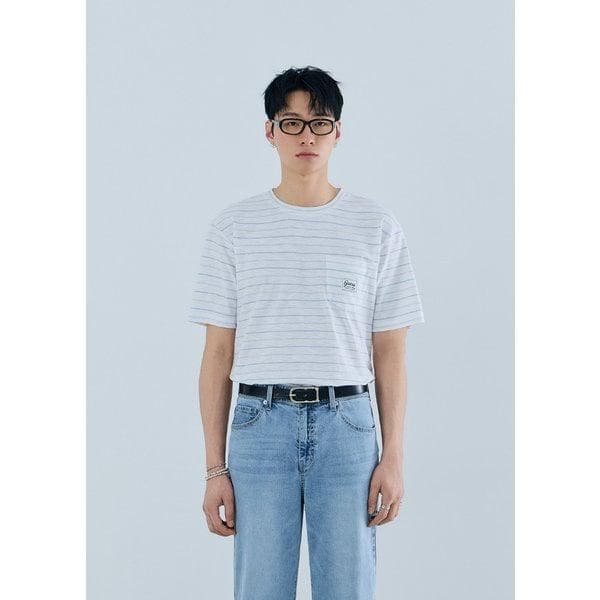 MQ2K1406 メンズ ストライプ スラブ ポケット 半袖Tシャツ