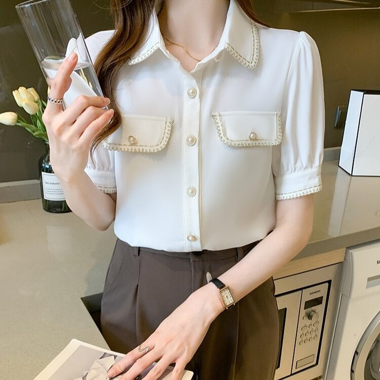 トップス ブラウス レディース 春夏 かわいい 半袖 半袖 襟付き フレア セミフレア チュール シフォン ポケット 前開き 白 ホワイト S M L XL 2XL ジャスト かわいい 大人可愛い き 5,793円