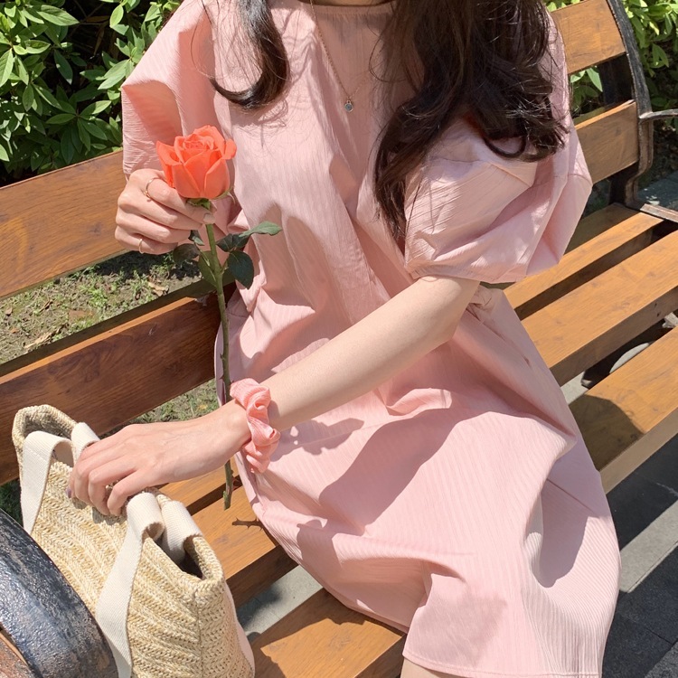 春服 ワンピース 半袖 春夏 かわいい ひざ丈 ぽわん袖 ボリューム袖 ラウンドネック 襟なし セミフレア ピンク ワンサイズ 大きめ ビッグサイズ ゆったり ゆる かわいい 大人可愛い きれいめ シ