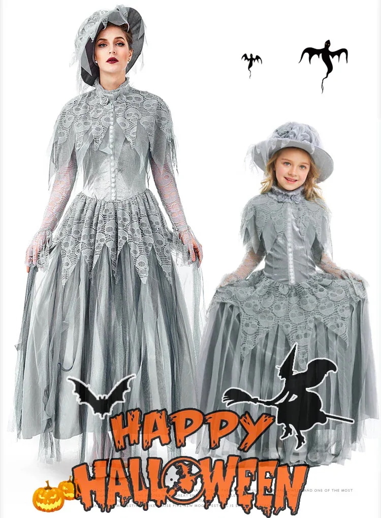 S～XL大人/女性用/子供用/女の子/ブラッドウェディングガール/ガイコツ/ゾンビ/コスチューム/レディース/ハロウィーン