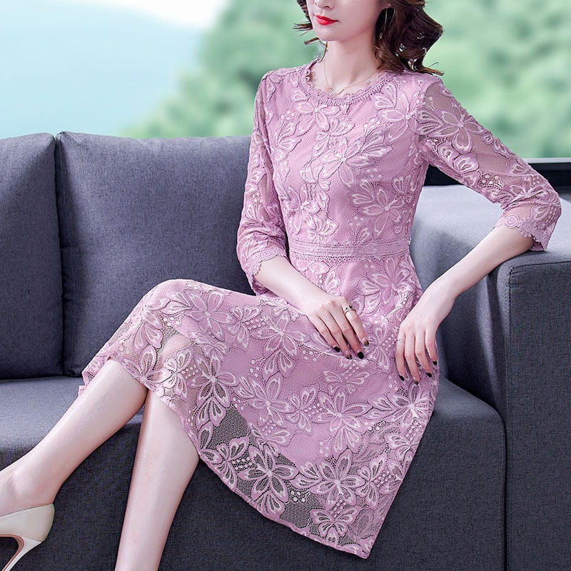 キレイめ 個性的 ゴージャス エレガント セクシー スカート ワンピース デート レース 膝丈 ひざ丈 袖あり 7分袖 七分袖 ラウンドネック 襟なし Aライン ウエストマーク 透け感 シースルー 8,877円