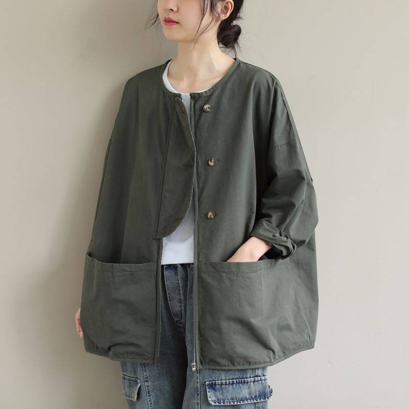 大きいサイズ 文学 春服無地 ポケット 長袖シャツ ジッパーショート ジャケット カジュアル トップス