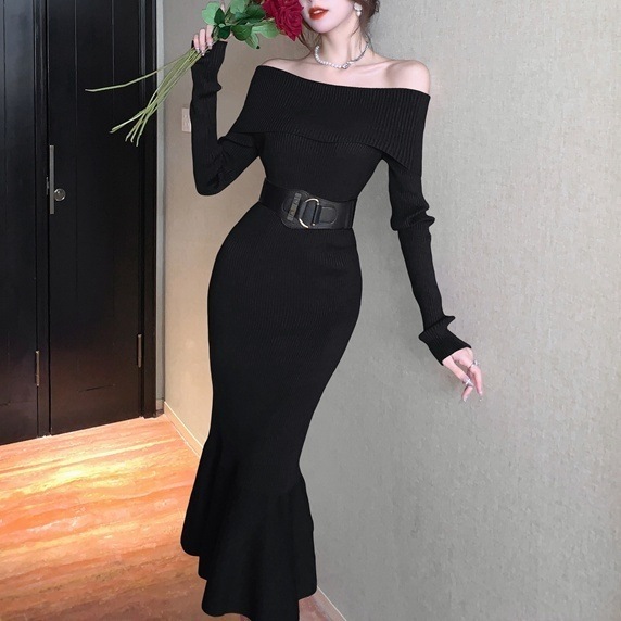 ワンピース レディース ロングワンピース S M L 韓国 マーメイドワンピース ロング丈 長袖 オフショルダー スレンダーライン 異素材ドッキング ウエストベルト ニット きれいめ 大人 お洒落
