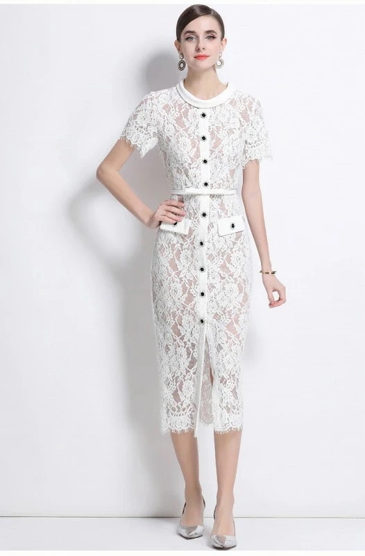 早い者勝ち！ 【新作】ミディアム丈ワンピース ひざ丈ワンピース 半袖 レース きれいめ ドレス 透け編み 上品 パーティー 二次会 披露宴【大きいサイズ レディース 春夏 結婚式 きれいめ タイト フ