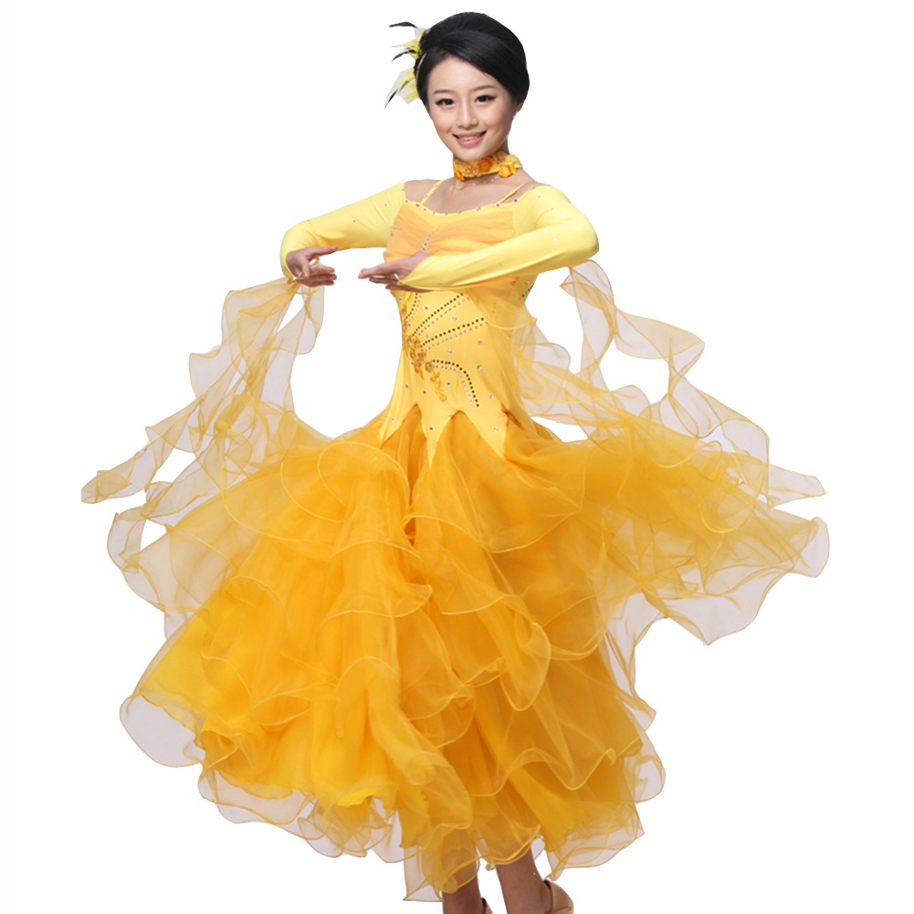 13色可選 社交ダンス モダンドレス ワンピースドレス 長袖　スタンダードドレス キラキラビジュー付き インターナショナルダンス 大きい裾 豪華 演出服 競技会 ワルツ服 競技用