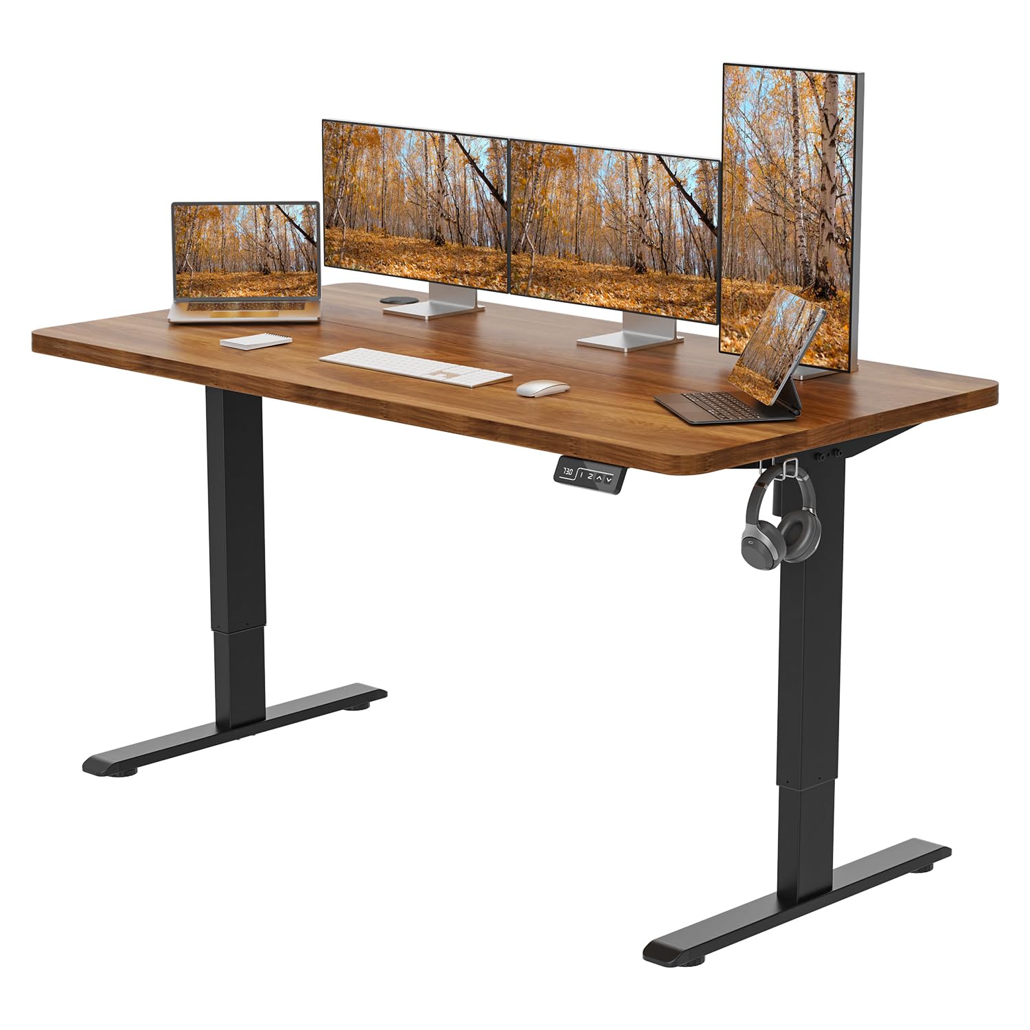 昇降デスク 電動 昇降式デスク 電動昇降デスク 幅140cm 奥行60cm 上下昇降デスク スタンディングデスク オフィスデスク 高さメモリー機能 障害検知 静音 (ウォールナット 21186