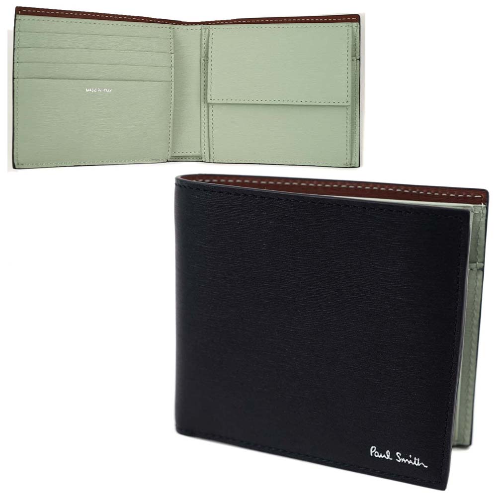 ポールスミス 財布 小銭入れ付 二つ折り財布 ブラック ミントグリーン PAUL SMITH M1A-4833-MSTRGS-79二つ折り財布