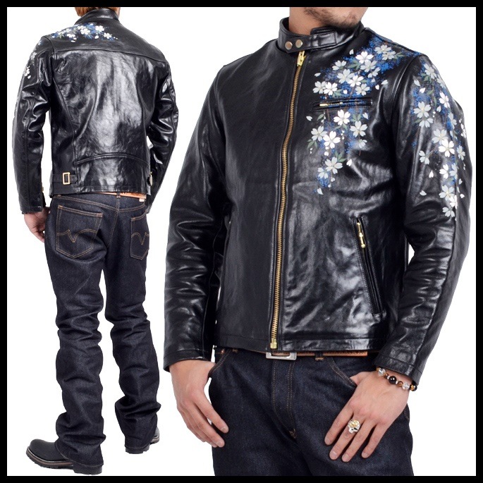 禅ロデオブロス ZENRODEO BROS 京でん 和柄 限定 レザー ライダース ジャケット 枝垂れ 桜 櫻 花 手描き 牛革 ブラック 黒 R-KL014smtb-m 楽ギフ_包装f