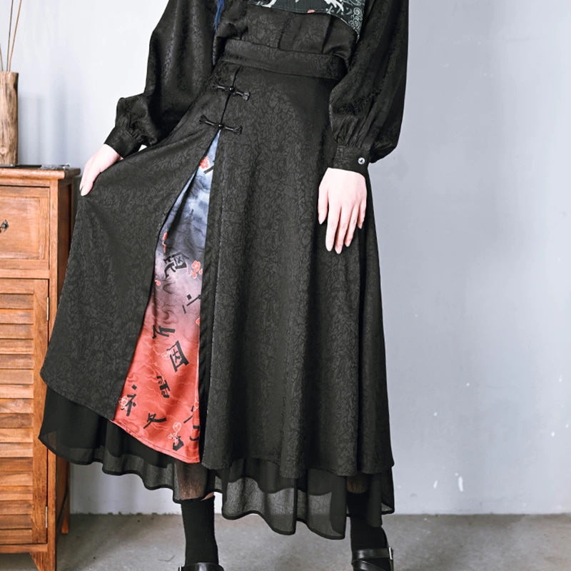 【快速出荷】チャイナ風スカート 黒 切り替えスカート レイヤードスカート ジャガード ハイウエストスカート ボトムス 中華風 合わせやすい