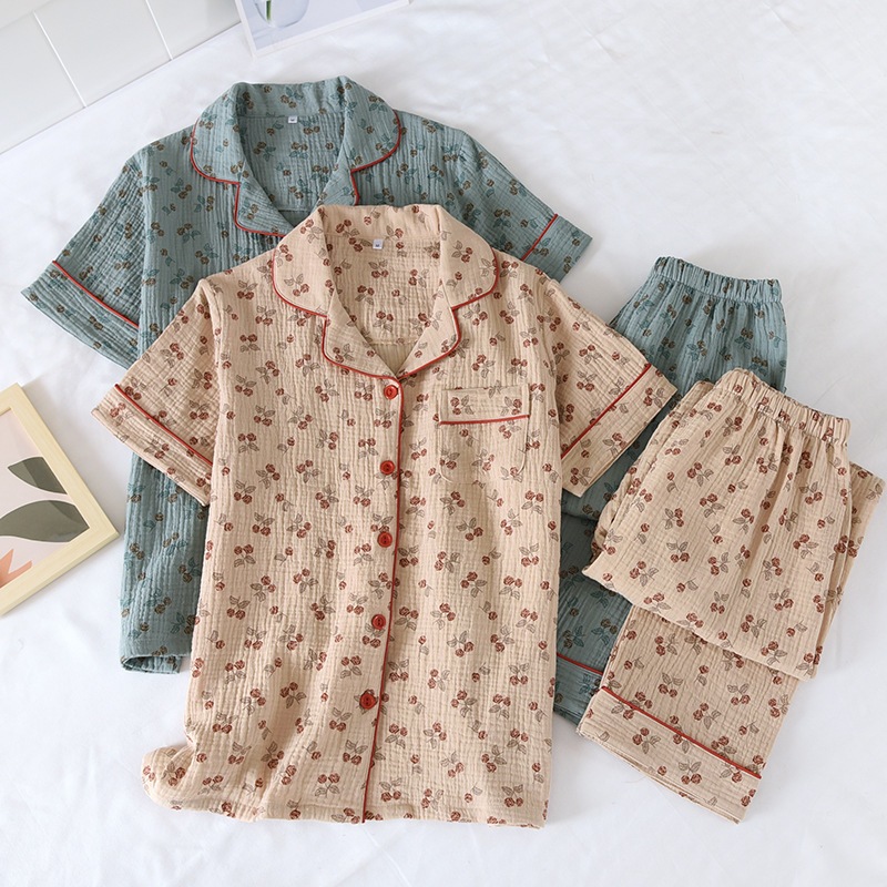 大きいサイズ パジャマ レディース 上下セット 長袖 ルームウェア 前開き 冬 秋冬 暖かい コットン 前開き マタニティ パジャマ 春夏バラの精練綿クレープ二重ガーゼ純綿パジャマセット半袖ズボンホー 6,557円