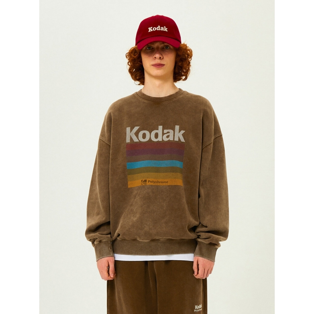 コダックアパレルレインボースノーウォッシング起毛スウェットシャツブラウン