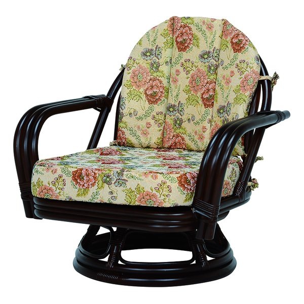 ラタン回転座椅子 ダークブラウン・幅64×奥行55×高さ61cm 花柄 RZ-932DBR