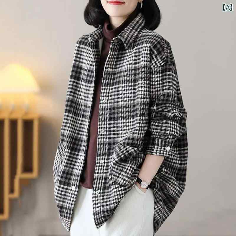 コスタチェックシャツ女性用.長袖.春秋2025年したカジュアルミドル丈のフリースジャケット