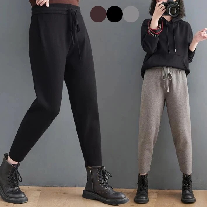 ニットパンツ レディース 秋冬　テーパードパンツ イージーパンツ　ワイドパンツ ルームウェア 伸縮性 トレンド　9分丈　ボトムス 　大きめ　ウエストゴム リラックス　楽ちん今日は30パーセント