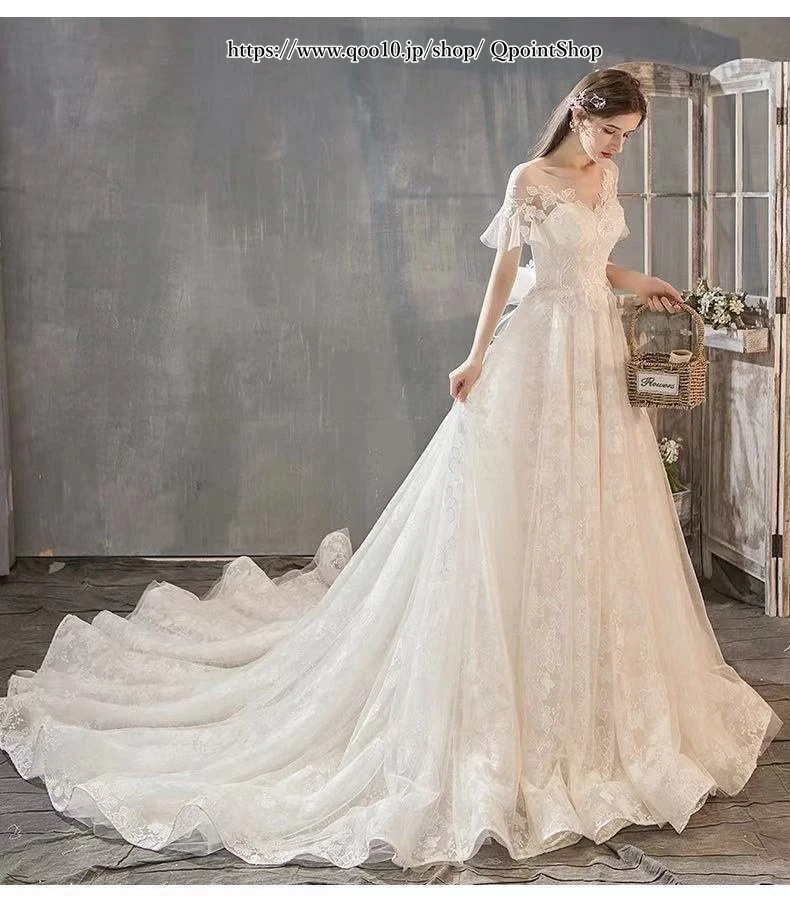 花嫁ロングドレス 二 ウェディングドレス エンパイア/トレーンラインパフスリーブ 簡約 露背 結婚式絶妙な