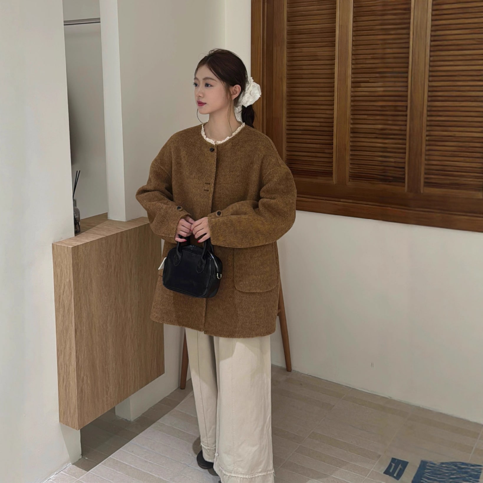 丸首真菌ミドル丈両面ウールコート 2025年秋冬 小柄な方向け厚手カシミヤウールコート