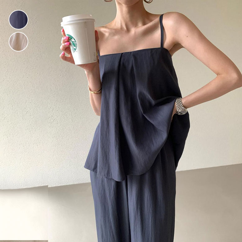 2B25 セットアップ レディース 春 夏 キャミソール ワイドパンツ 2点セット スクエアネック プリーツ ハイウエスト 上下セット ゆったり ワイドレッグ カジュアル 薄手 トップス ボト