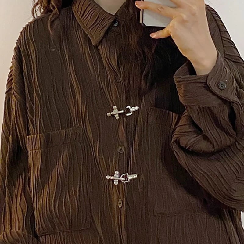 チャイナ風シャツ ブラウス 長袖 シワありの肌理感 トップス モダン 黒/白/コーヒー 男女兼用 トップス ユニセックス ファッション