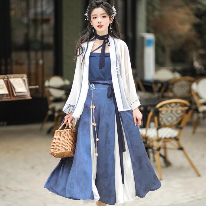 漢服 3点セット レディース ハロウィン コスプレ衣装 改良版漢服 中華服 漢元素 衣装 インナー＋スカート＋羽織 春服 秋服 可愛い 花見 撮影衣装 学園祭 文化祭 イベント 発表会 衣装