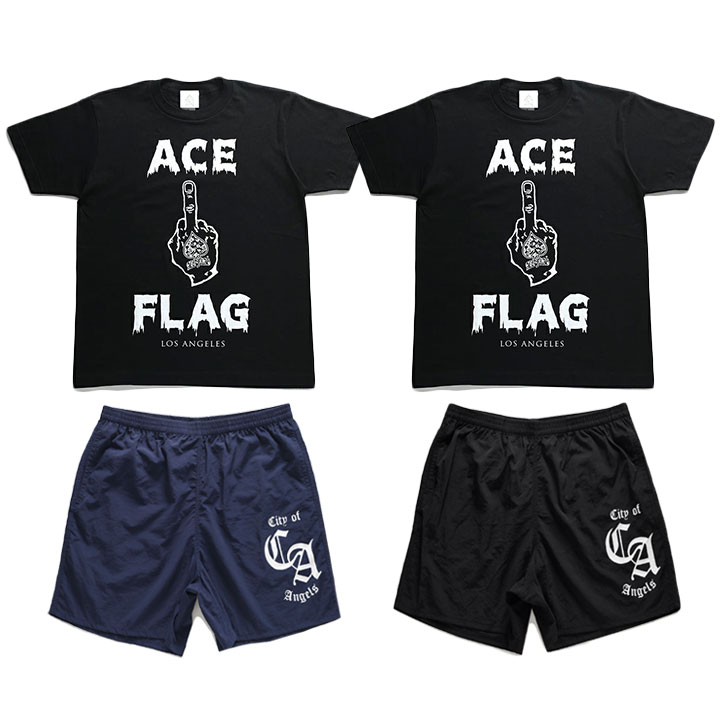 ACE FLAG 上下セット 半袖 ブランド Tシャツ ハーフパンツ メンズ 全2色 大きいサイズ エースフラッグ セットアップ ビッグシルエット 中指 ファックサイン