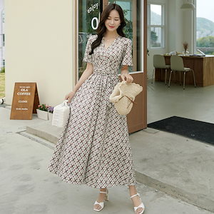 Vネックパターンラップワンピース 韓国ファッションNo1