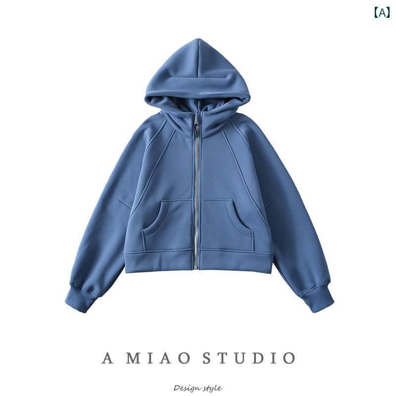 レディース パーカー ベルベット 厚手 フード スウェットシャツ アメリカン レトロ 秋冬 女性 ジッパー ショート コート
