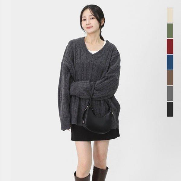 女性 FW ルーズフィット カラー ケーブル Vネック 縄編み デイリー ニット SMA004 4,899円