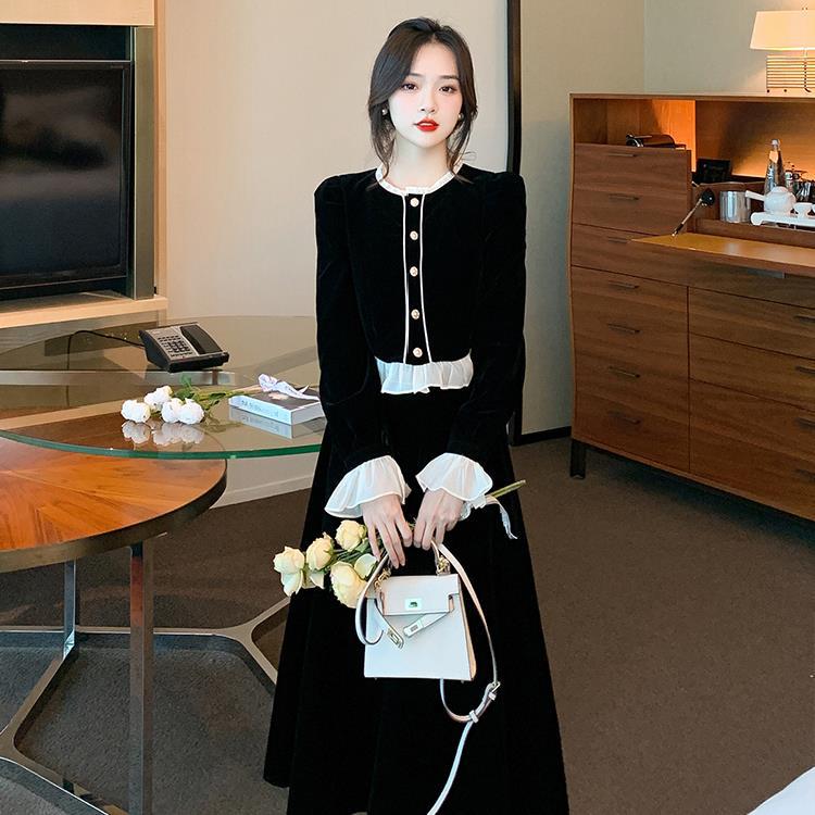ハイエンドのカスタマイズ-新しい秋と冬のゴールドベルベット宮殿スタイルレトロファッショナブルなトップミッドレングススカートツーピーススーツ女性のための