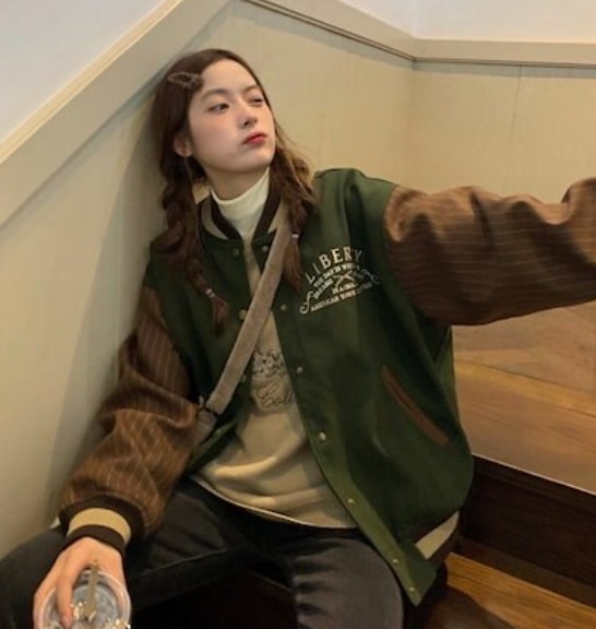 スタジャン アメリカン カレッジ スタイル 野球 アウター ブルゾン ジャケット シャンパー 上着 袖あり 長袖 クルーネック ポケット 前開き かわいい カジュアル おしゃれ レトロ こなれ感 ラフ