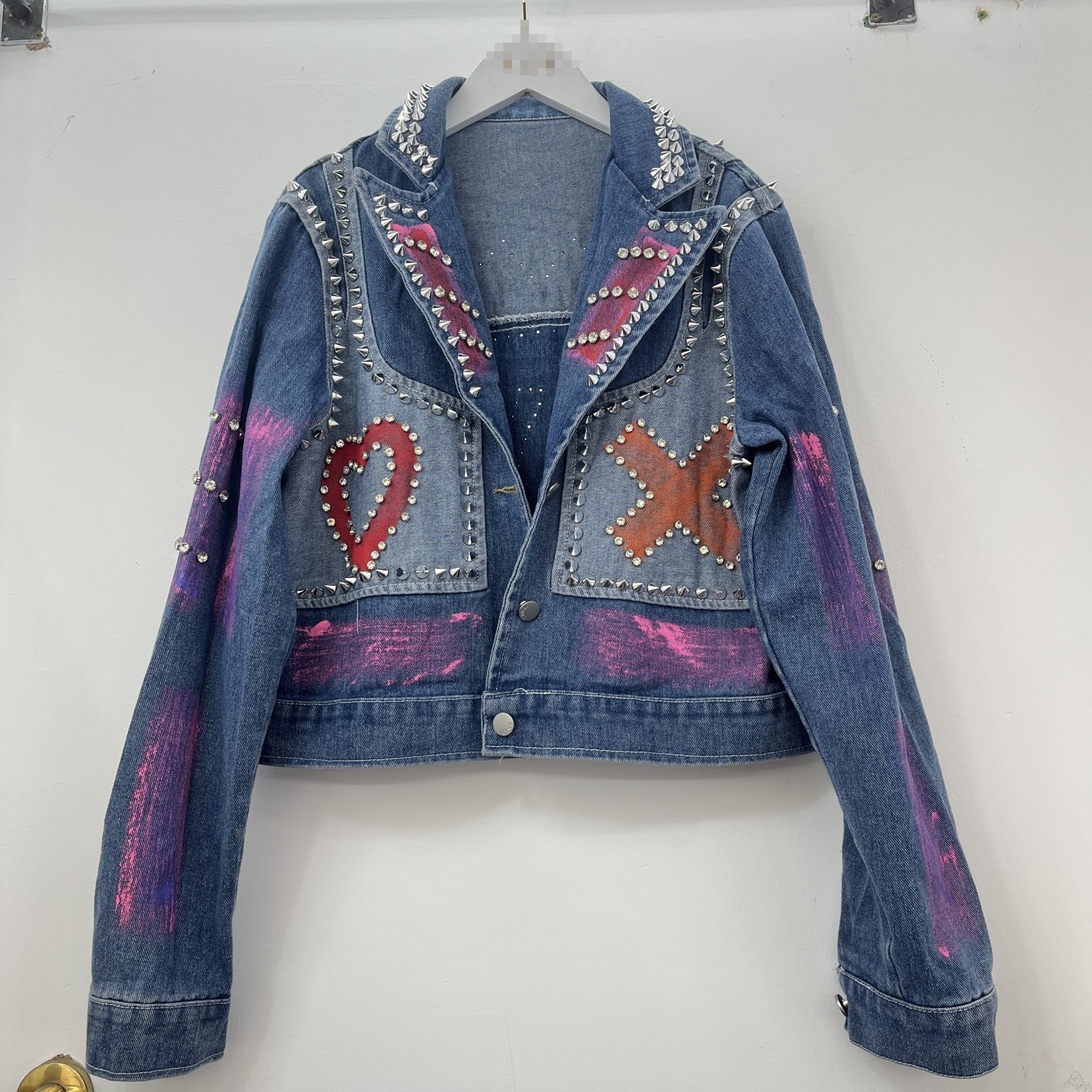 重工業ラブダイヤモンド手描きデザインリベットデニムトップジャケットレディースファッションヒップホップアメリカンジャケットトレンド