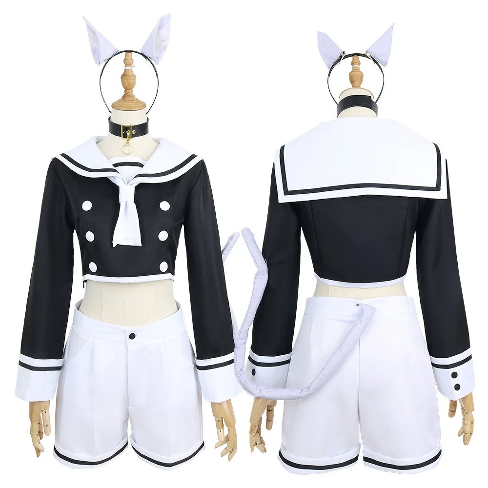 衣装+耳+尻尾+靴下 ハロウィン コスチューム YouTuber バーチャル セットアップ コスプレ 猫又おかゆ 7点セット