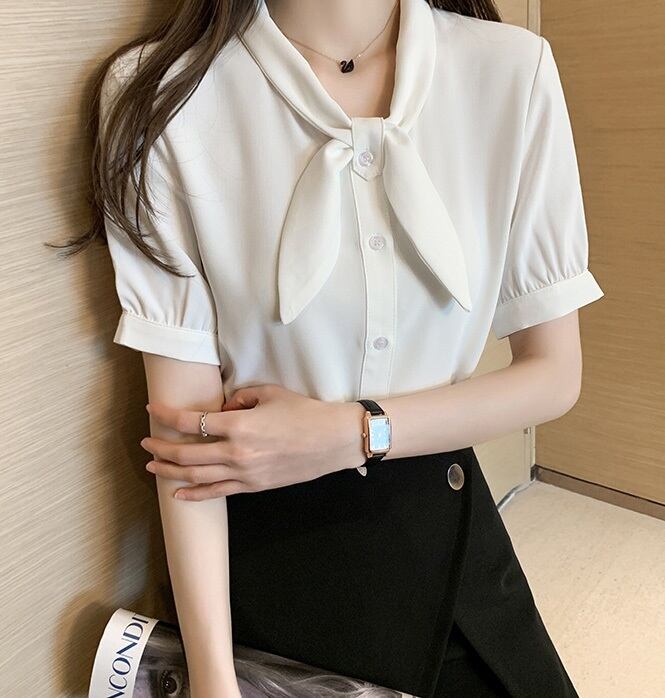 トップス リボン シャツ ブラウス l 襟付き フロントボタン 半袖 袖あり 無地 シンプル パフ袖 パフスリーブ シフォン スイート 大人可愛い かわいい 可愛い ラブリー 通勤 通学 学