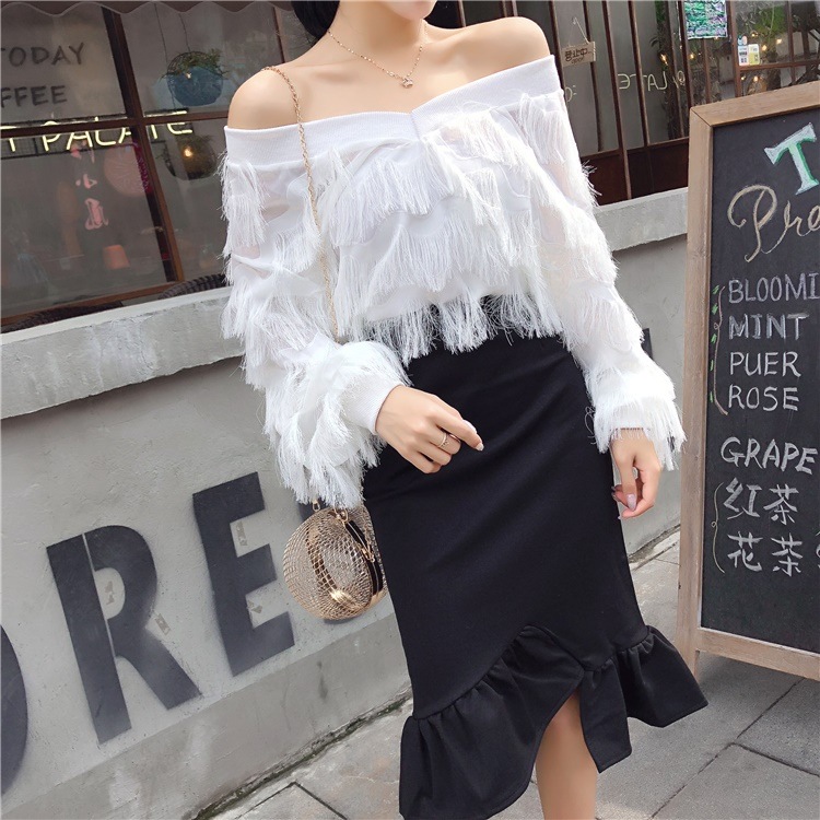 2268.Vネックフェザートップス+フレアヘムスカートセットアップ(ホワイトブラック) 2019 春夏 sale 新作 大人 かわいい カジュアル OL 20代 30代 デート服 女子会