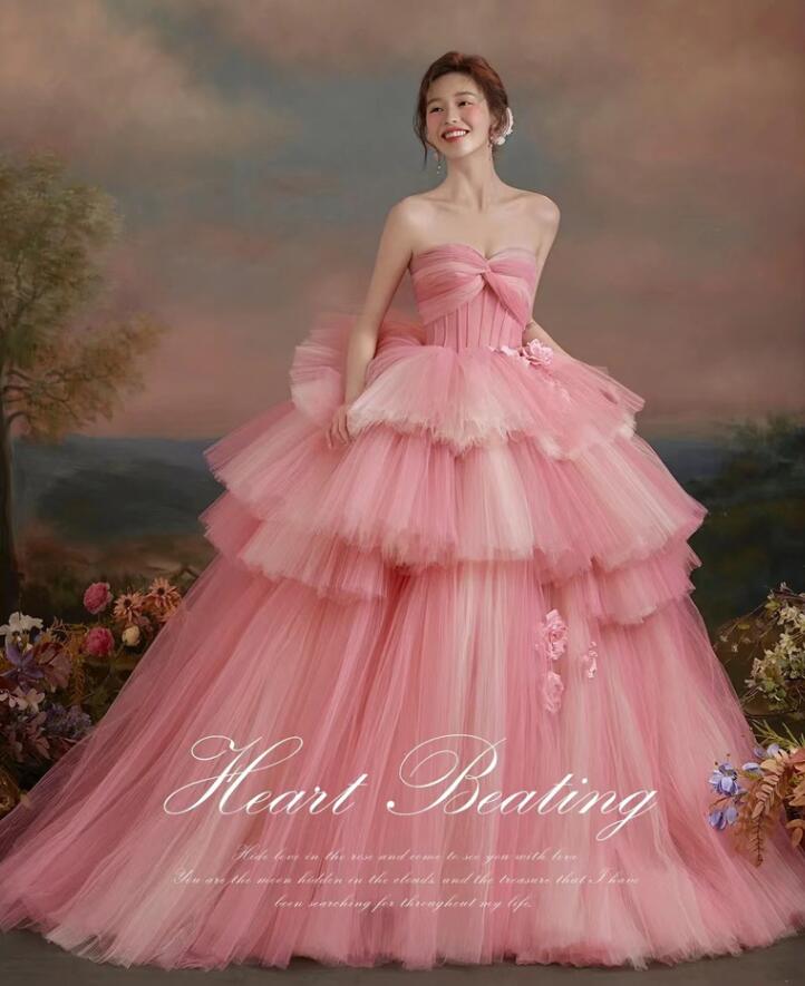 パーティードレス 多重チュール 可愛い 成人式ドレス 高級感 カラードレス コンサート オフショルダー 結婚式ドレス森系 ウェディングドレス 前撮りドレス お姫様 ロング 花嫁ドレス 後撮り ワンピー