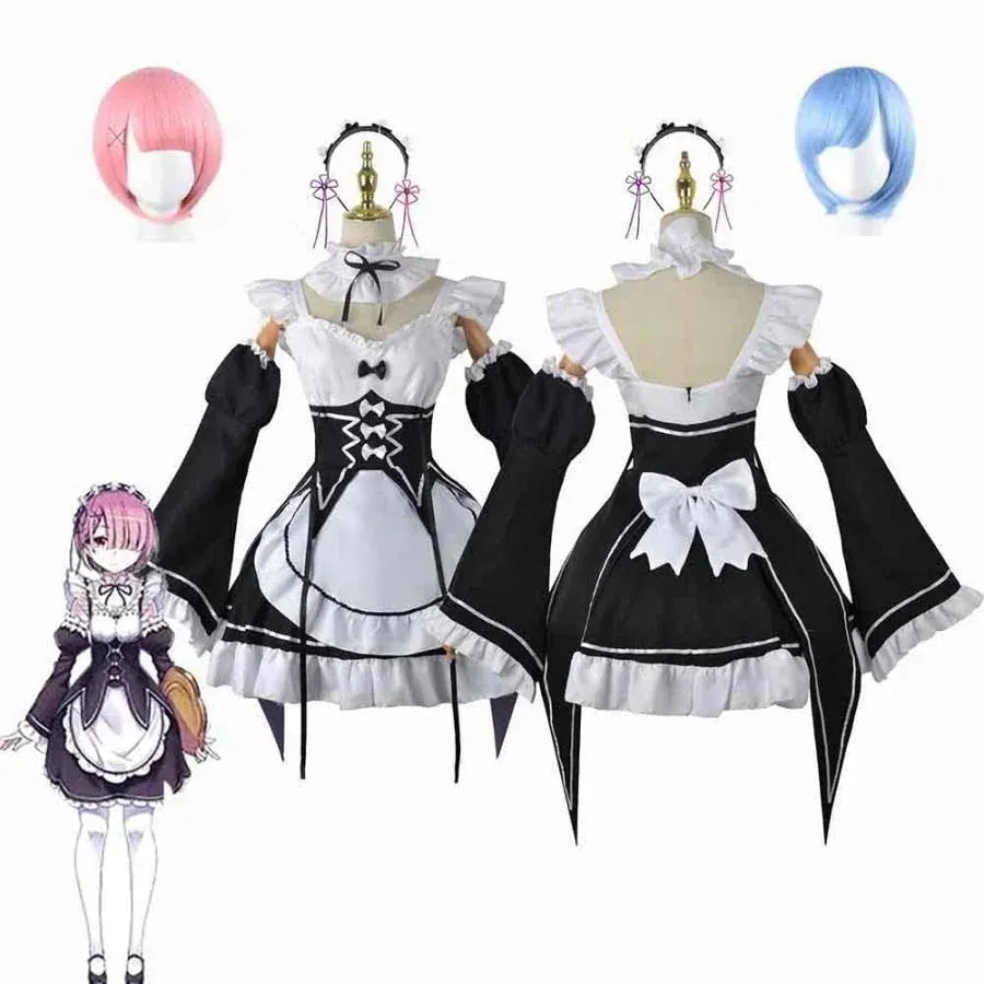 Re:ゼロから始める異世界生活 コスプレ衣装 レム ラム エミリア 制服 コスム 変装 CS全セット ウィッグ 髪飾り付き 仮装 日常服