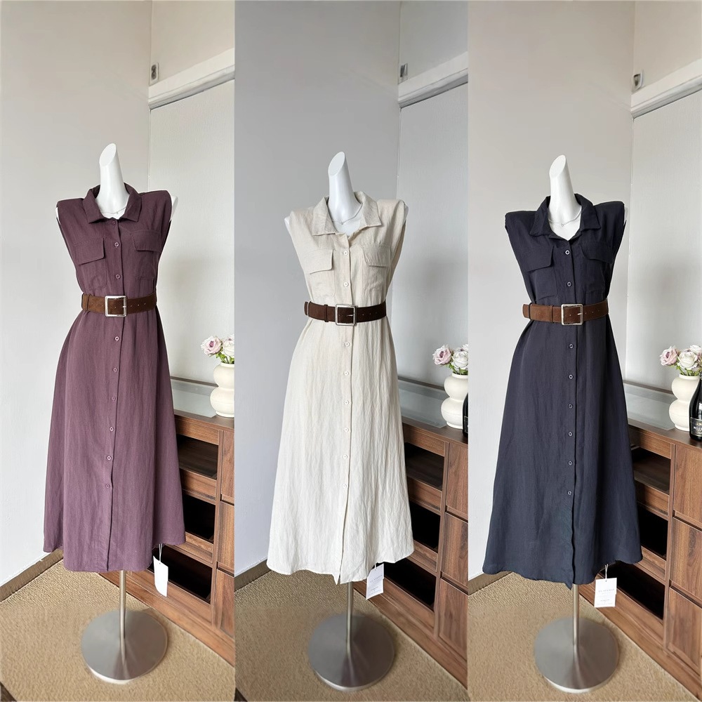 【急速出荷】上品で高級感のある襟開きノースリーブワンピース女2025ウエストを収めたスリムなタンクトップロングスカート