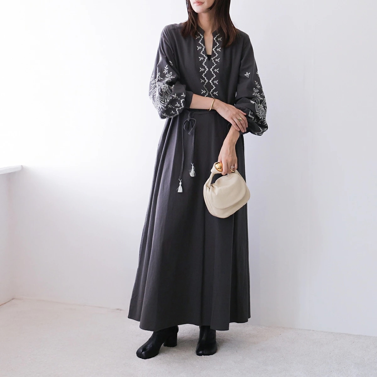 ne Quittez pas ヌキテパ ワンピース Crimp Cotton Anglaise Embroidery Dress 010452WH2 レディース コットン 刺繍 ロング丈 ドレス 長袖