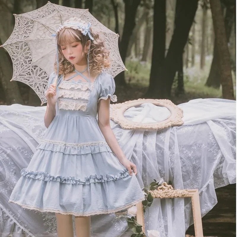 【3日出荷】 ロリータ ワンピース オリジナル ベリー 少女 デイリー カジュアル 田園風 半袖 フルスカート キュート 女性