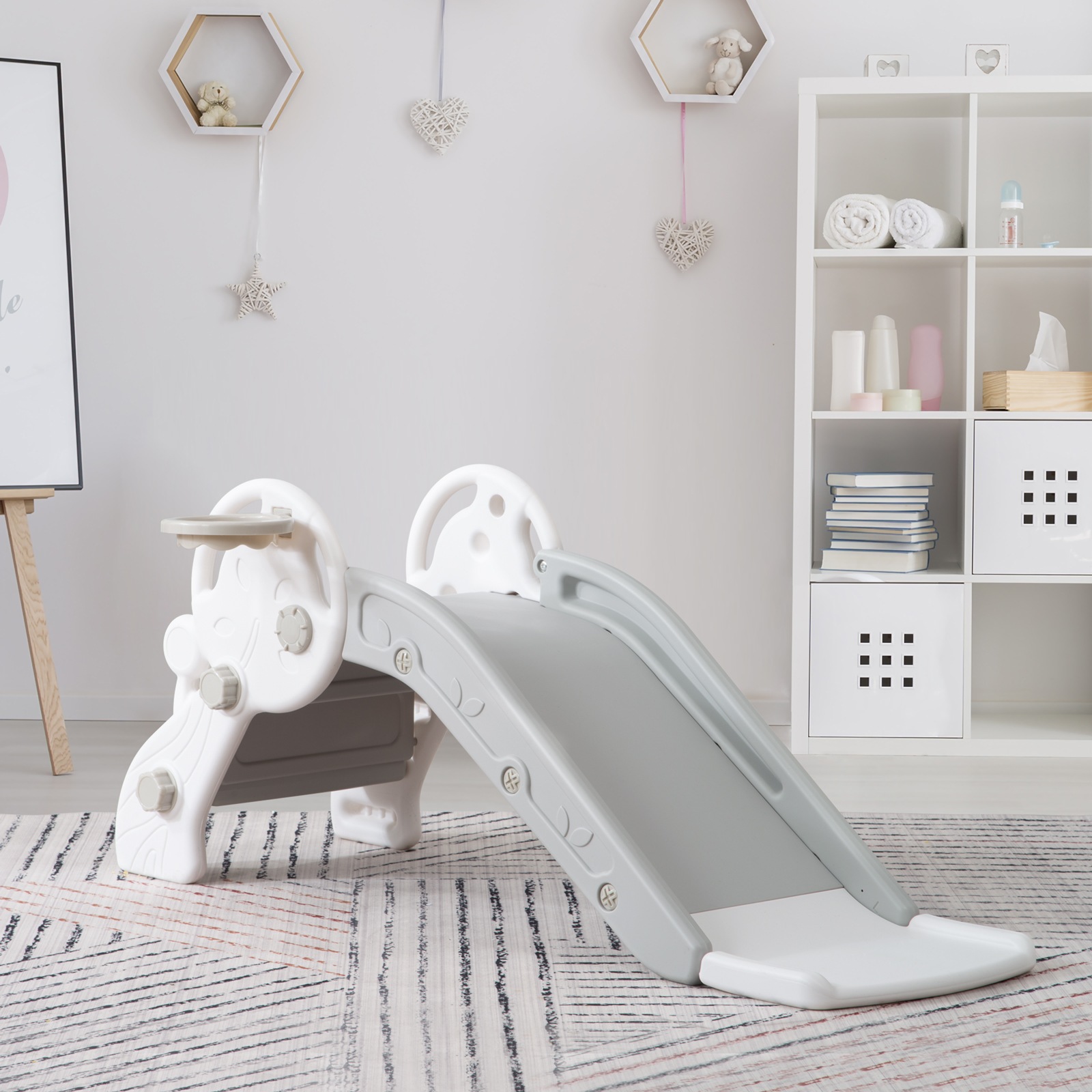 【大好評！最安値挑戦!】滑り台 すべり台 幼児用滑り台とバスケットゴール 遊具 室内遊具 室外 屋内 家庭用 プレゼント 誕生日 おもちゃ 13歳 EN71取得済み Gray HDPEG17