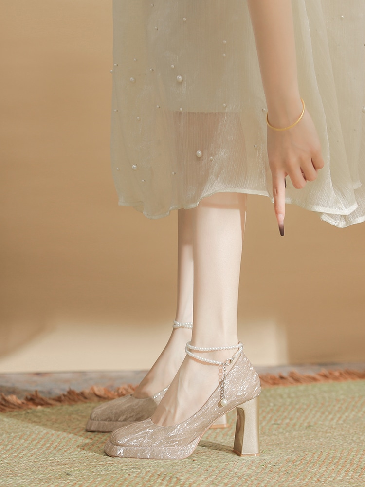 フレンチメアリージェンウエディングシューズ花嫁靴2025年春太ヒール疲れないハイヒール女性婚約クリスタルシューズ