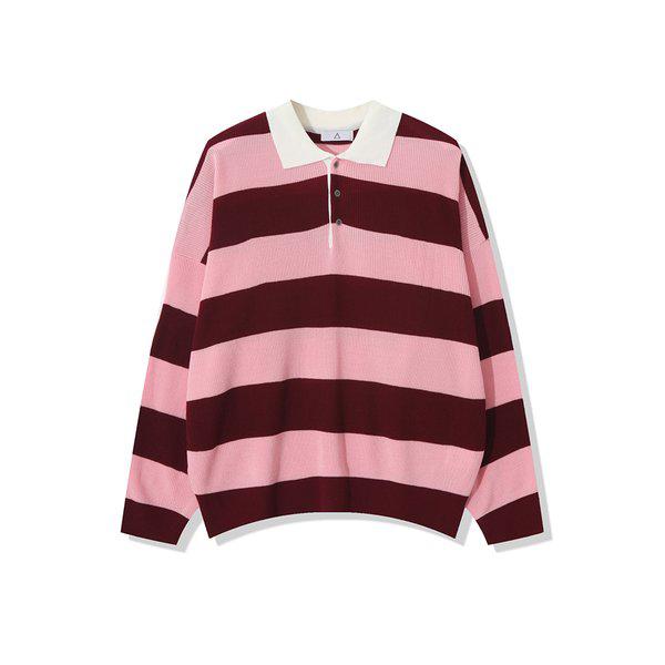 メンズ秋配色ストライプカラーネック長袖ニットTシャツ AC-KN-Q61-ピンク