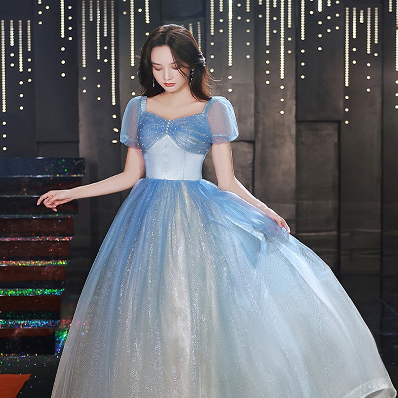 ブルーイブニングドレス2025宴会セクシー気質会司会者学生声楽芸考ドレス