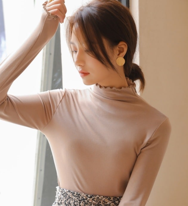 トップス デート モテアイテム カットソー 長袖 ハイネック タイト 細身 フリル 薄手 可愛い きれいめ 上品 おしゃれ かっこいい 可愛い ラブリー キュート ガーリー クール モード系