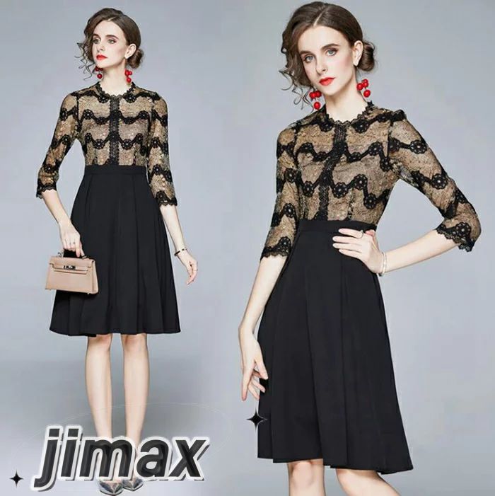 結婚式 ワンピース パーティードレス ドレス ミモレ　膝丈 ワンピース 袖あり レース＆刺繍 大きいサイズ 30代 40代 お呼ばれ 他と被らない 20代 50代 体型カバー 袖付き 五分袖 秋 冬