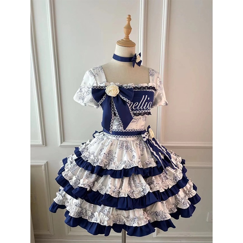 ゴールデンブルーとホワイトのロリータ刺繍プリンセスケーキスカートライトドレス 8,412円