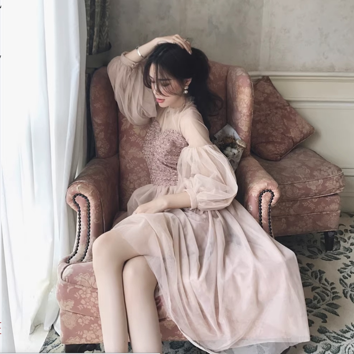 ドレス ワンピース ミディアム丈 妖精 フェアリー 袖あり パフスリーブ ボリューム袖 フレアスカート チュール シースルー ラウンドネック ハイウエスト 切り替えデザイン 透け感 胸元 かわいい