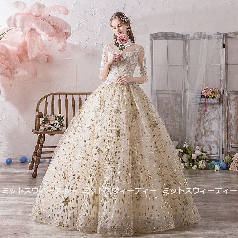 ウエディングドレス ロングカラードレス 二次会 プリンセスライン 大きいサイズ 結婚式 演奏会 ウェディングドレス ゴールド プロムドレス 花嫁 ロングドレス
