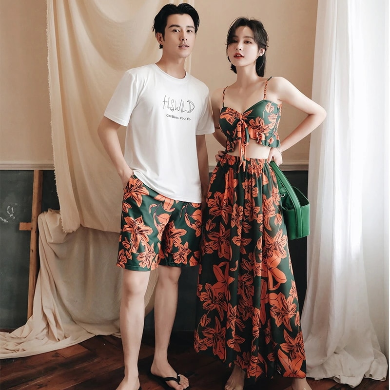 あす楽 水着 ペア ペアルック カップル水着 レディース メンズ 4点セット 花柄 パッド付き メンズ水着 男性用 ビーチパンツ サーフパンツ みずぎ mizugi ミズギ 男女 温泉 ハネムーン 蜜